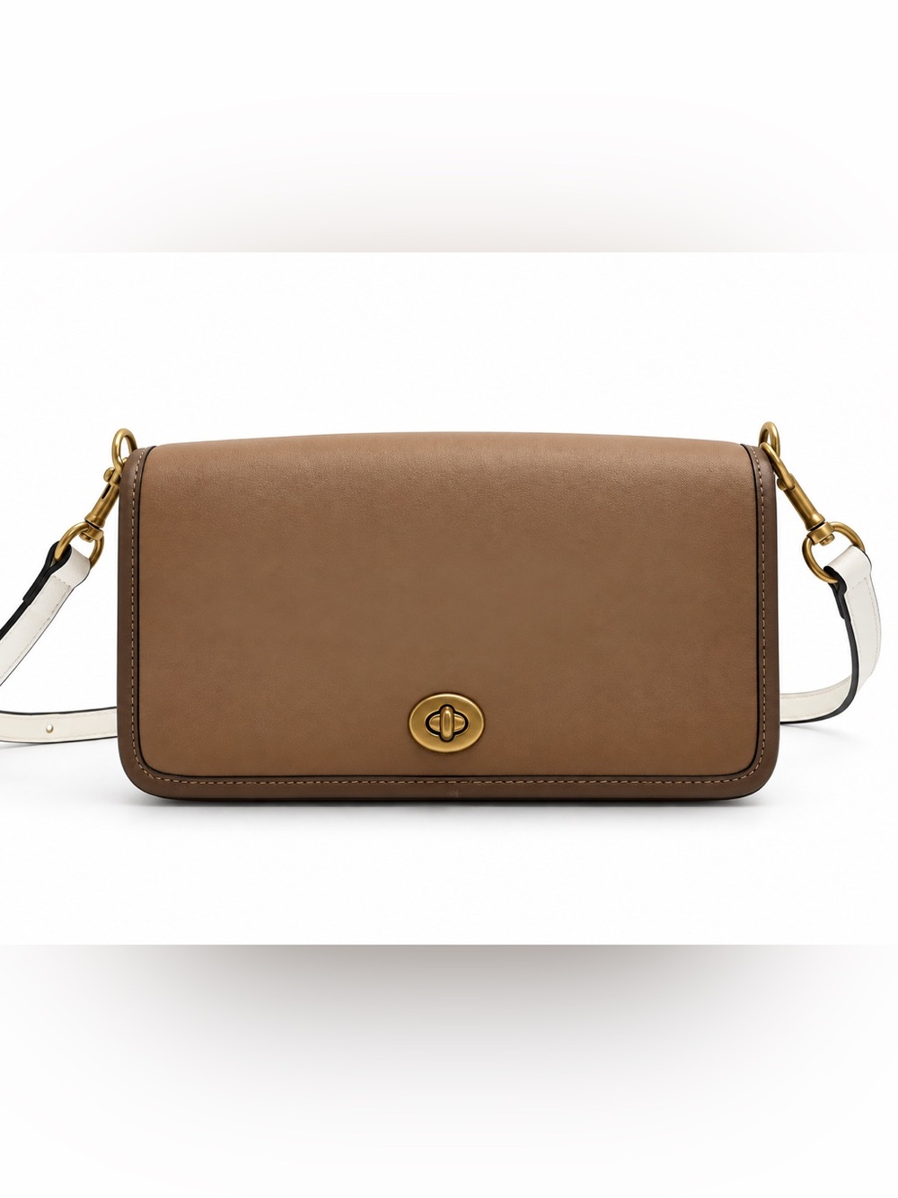 Coach Taupe Leather Turnlock Crossbody with White Strap